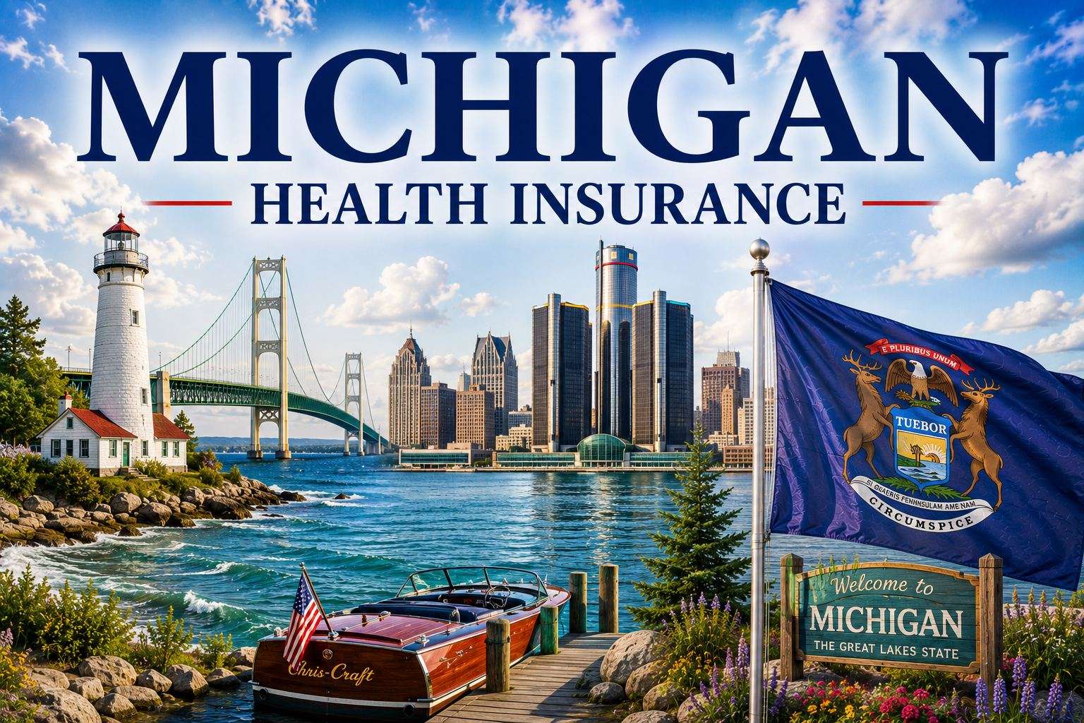 Michigan health insurance hero banner with Detroit skyline and Michigan state flag