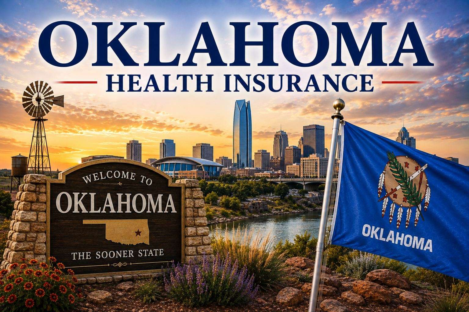 Oklahoma health insurance hero banner with Oklahoma City skyline and Oklahoma state flag